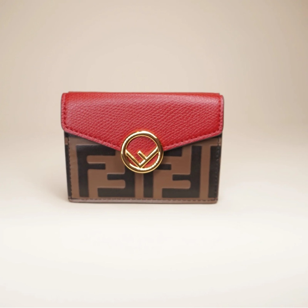 Fendi Red and Brown Card Holder with Gold Detail